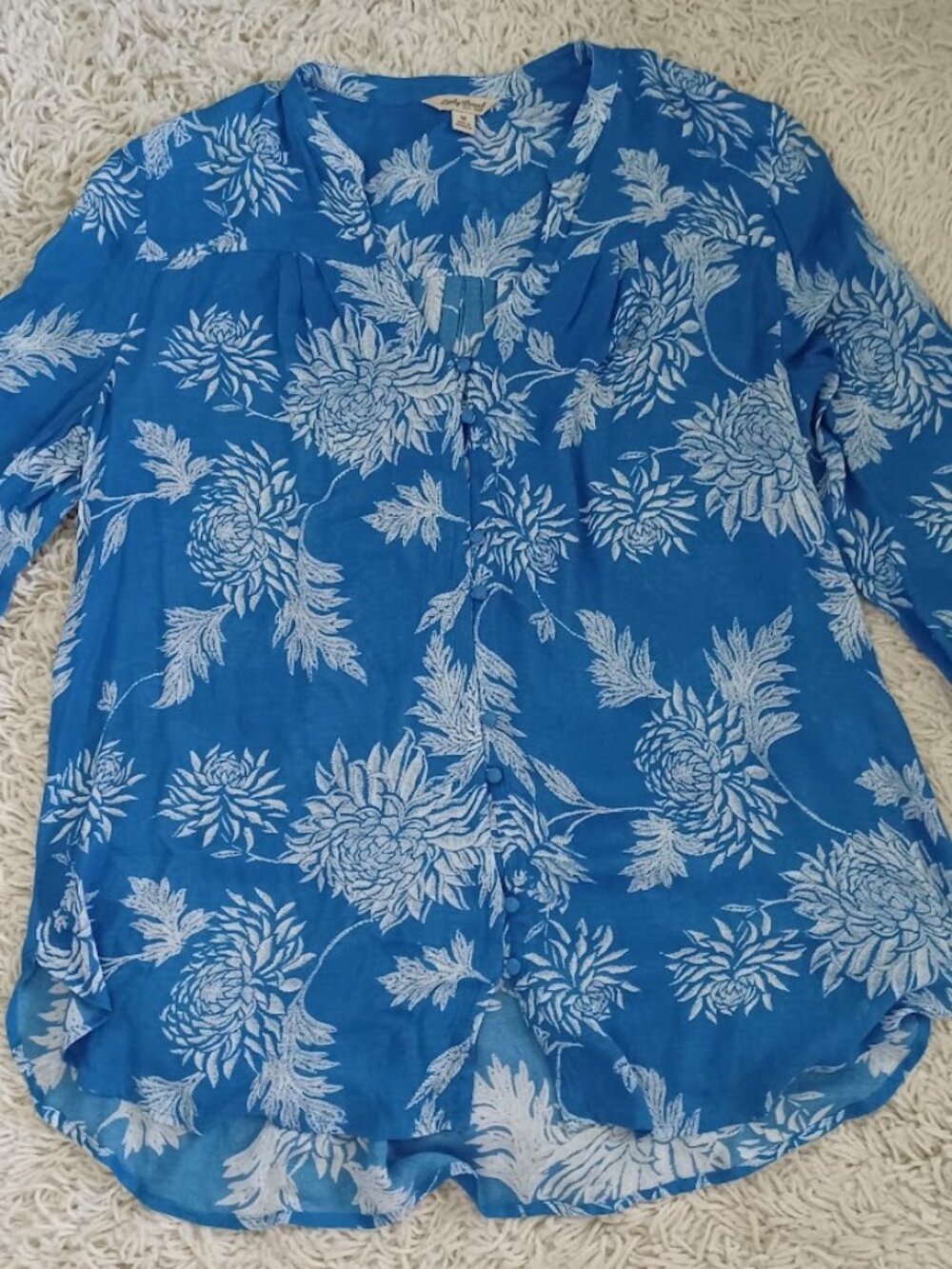 Lucky Brand Blue White Floral Rayon Boho Peasant Blouse Women's M Long Sleeve